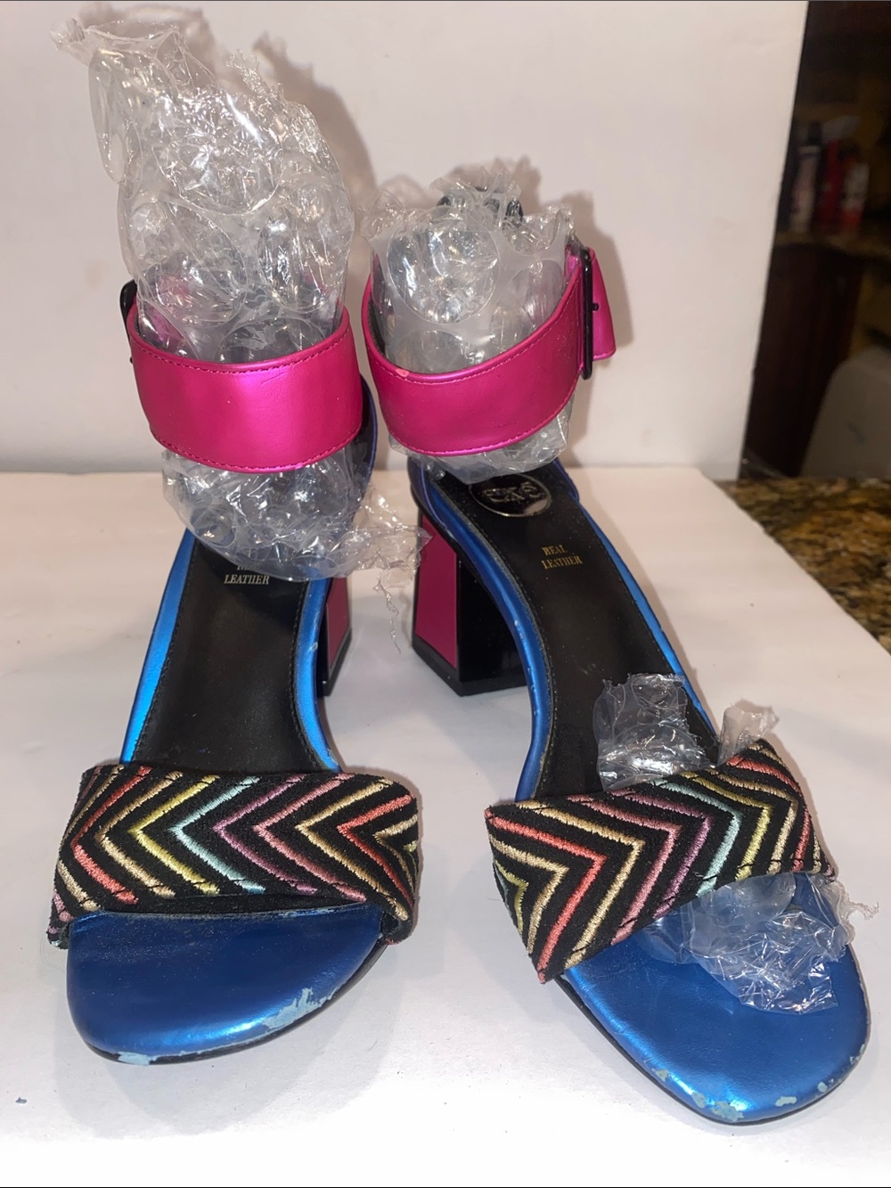 DKNY Multicolor Chevron Strap Block Heels with Pink Ankle Strap .some damage.